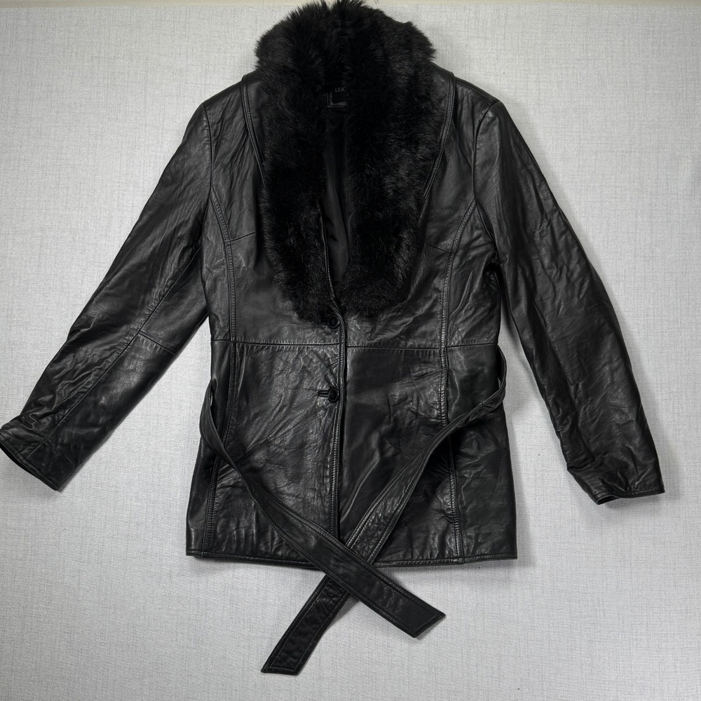 Vintage Leather City USA Belted Fur Collar Jacket Black Genuine Leather Size L